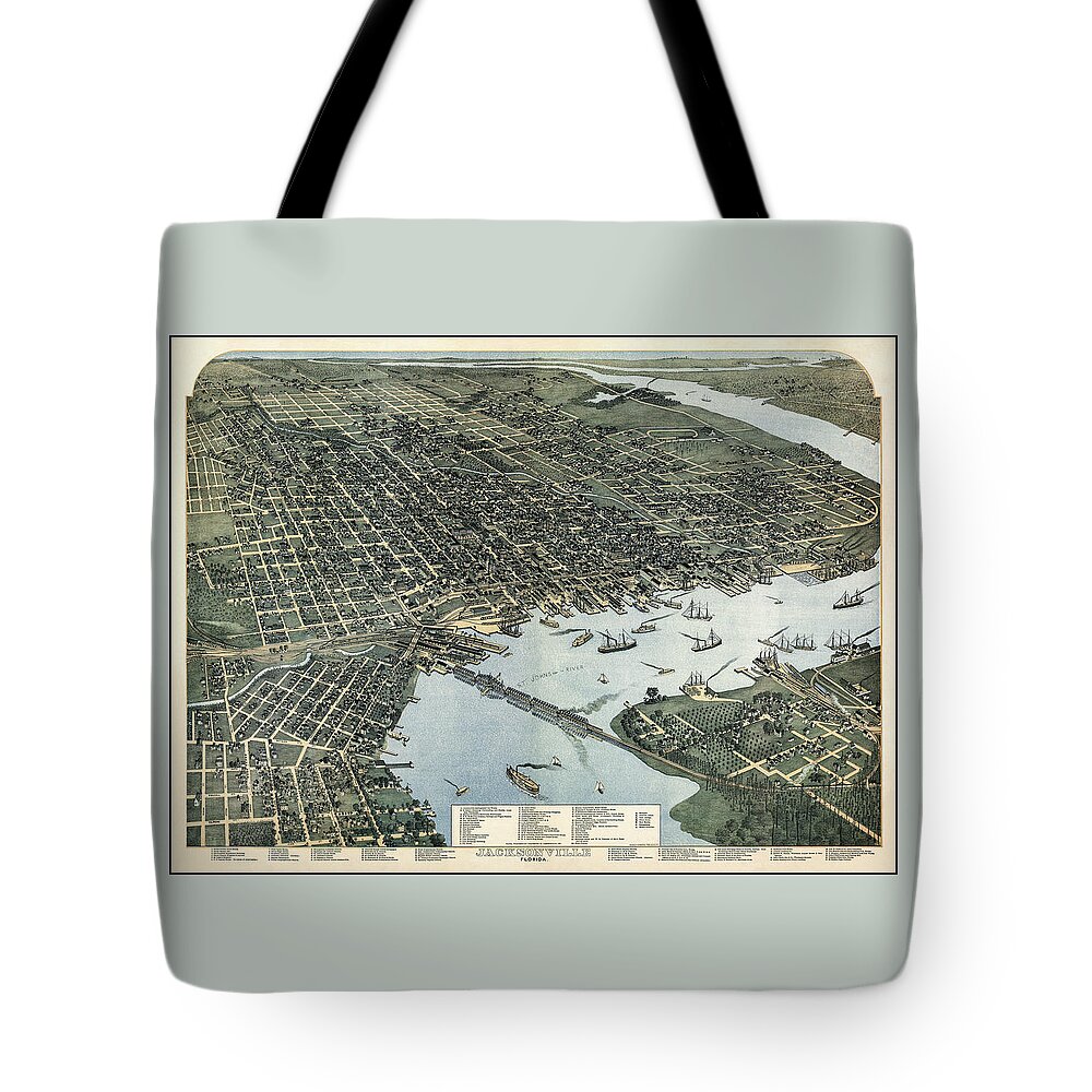 Jacksonville Tote Bag featuring the photograph Jacksonville Florida Vintage Map Birds Eye View 1893 by Carol Japp
