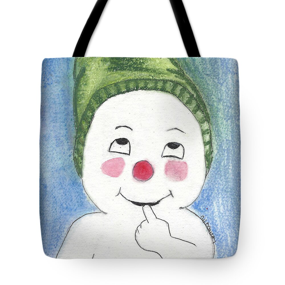 Snowman Tote Bag featuring the painting Jacques Frost Snowman with Rosy cheeks and a Green Toboggan by Ali Baucom
