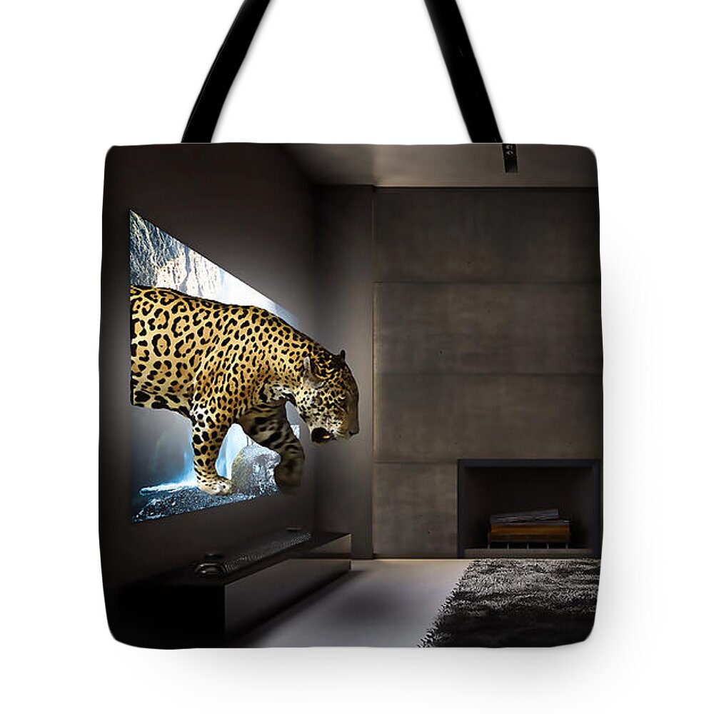 Jaguar Tote Bag featuring the mixed media Jaguar Breach by Marvin Blaine