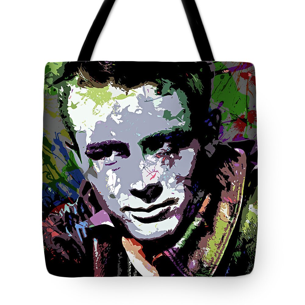 James Dean Tote Bag featuring the digital art James Dean 2 psychedelic portrait by Movie World Posters