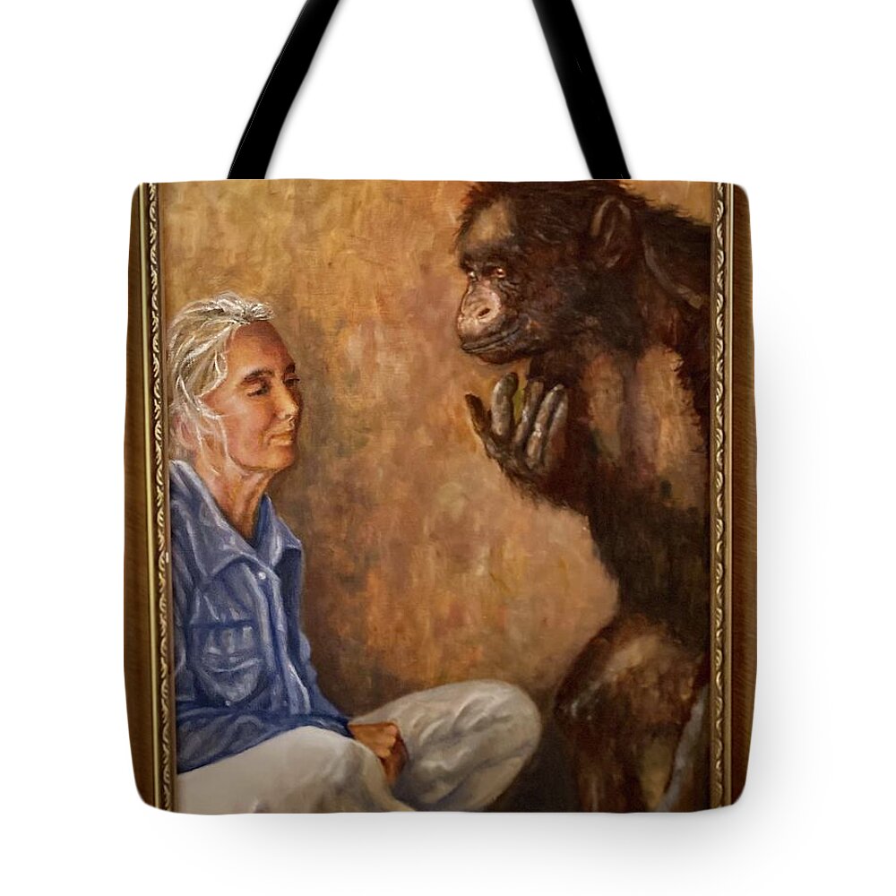 Jane Goodall Tote Bag featuring the painting Jane Goodall and friend by Leland Castro