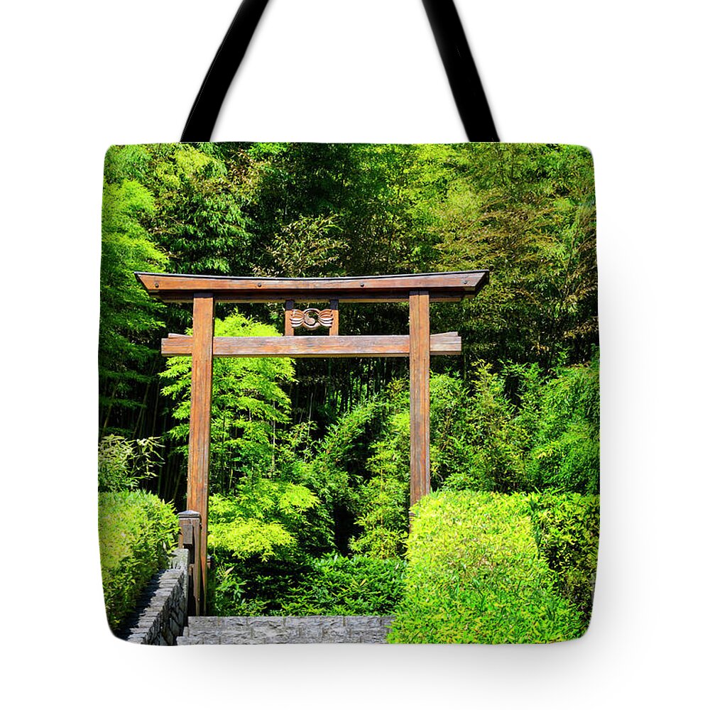 Tremezzo Tote Bag featuring the photograph Japanese Gate on an Italian Lake by Brenda Kean