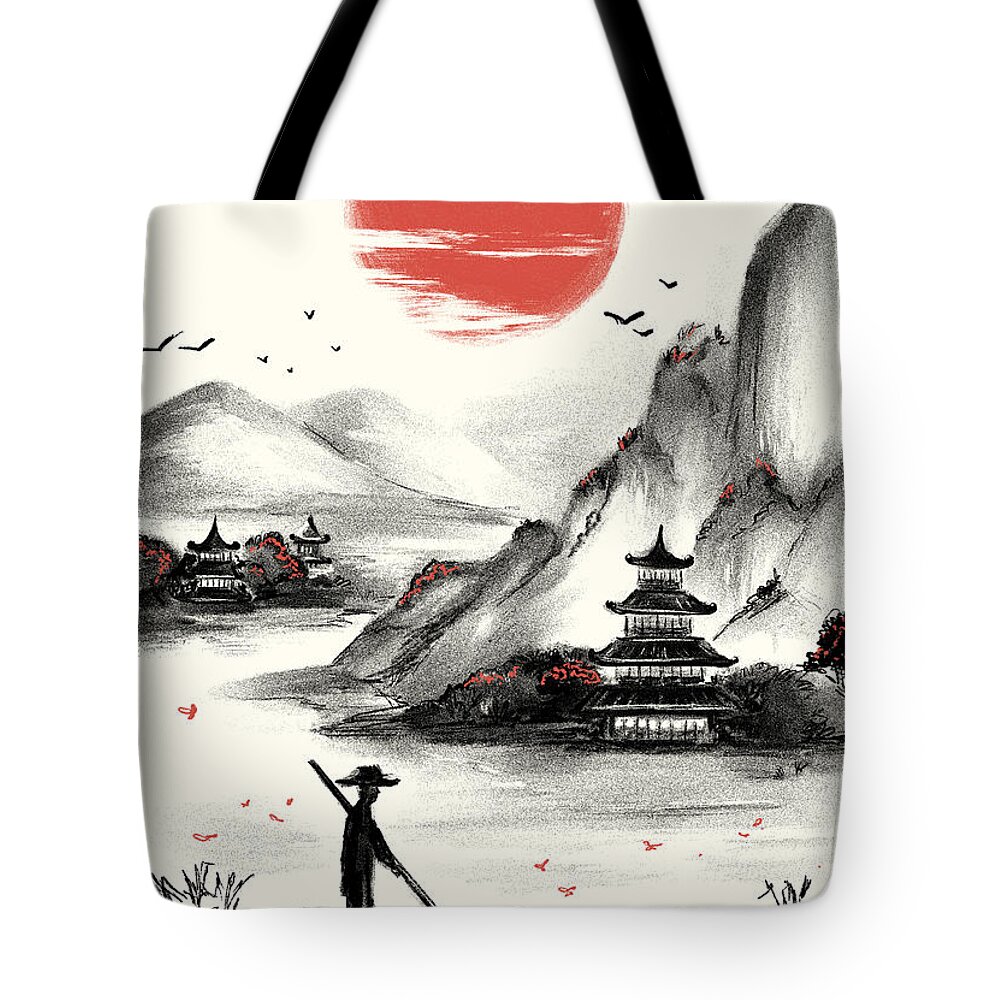 Japanese Tote Bag featuring the drawing Japanese Landscape by Vo Phat