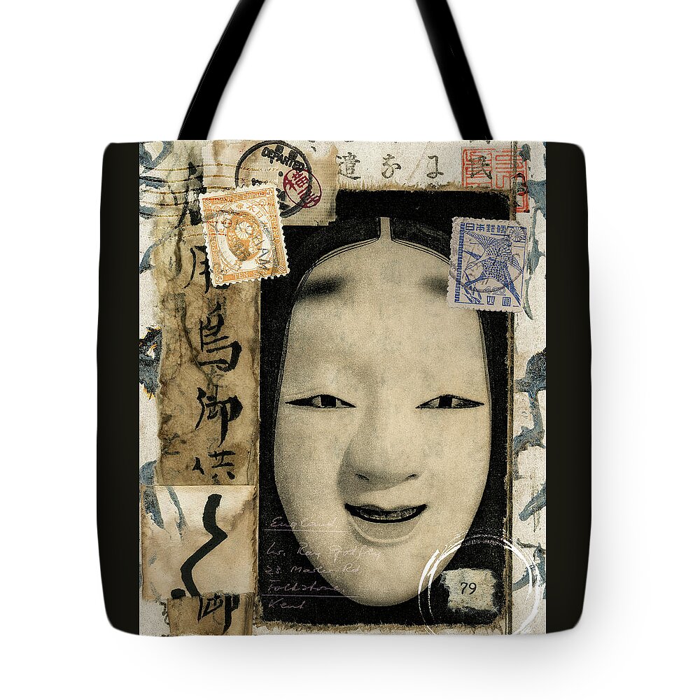 Carol Leigh Tote Bag featuring the mixed media Japanese Noh Mask Postcard by Carol Leigh