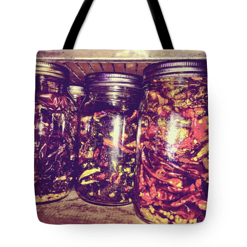 Mason Jars Tote Bag featuring the mixed media Jars of Dried Peppers Vintage Style by Shelli Fitzpatrick