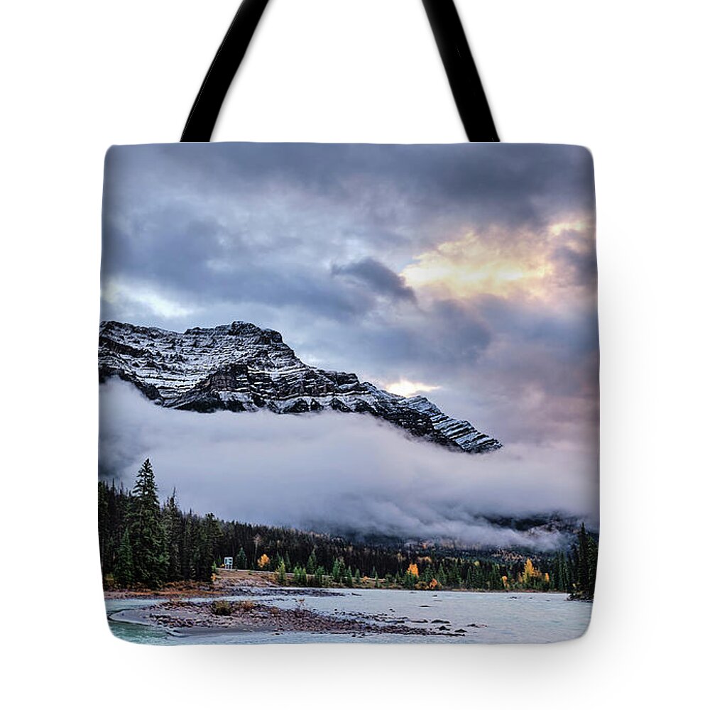 Cloud Tote Bag featuring the photograph Jasper Mountain In The Clouds by Carl Marceau
