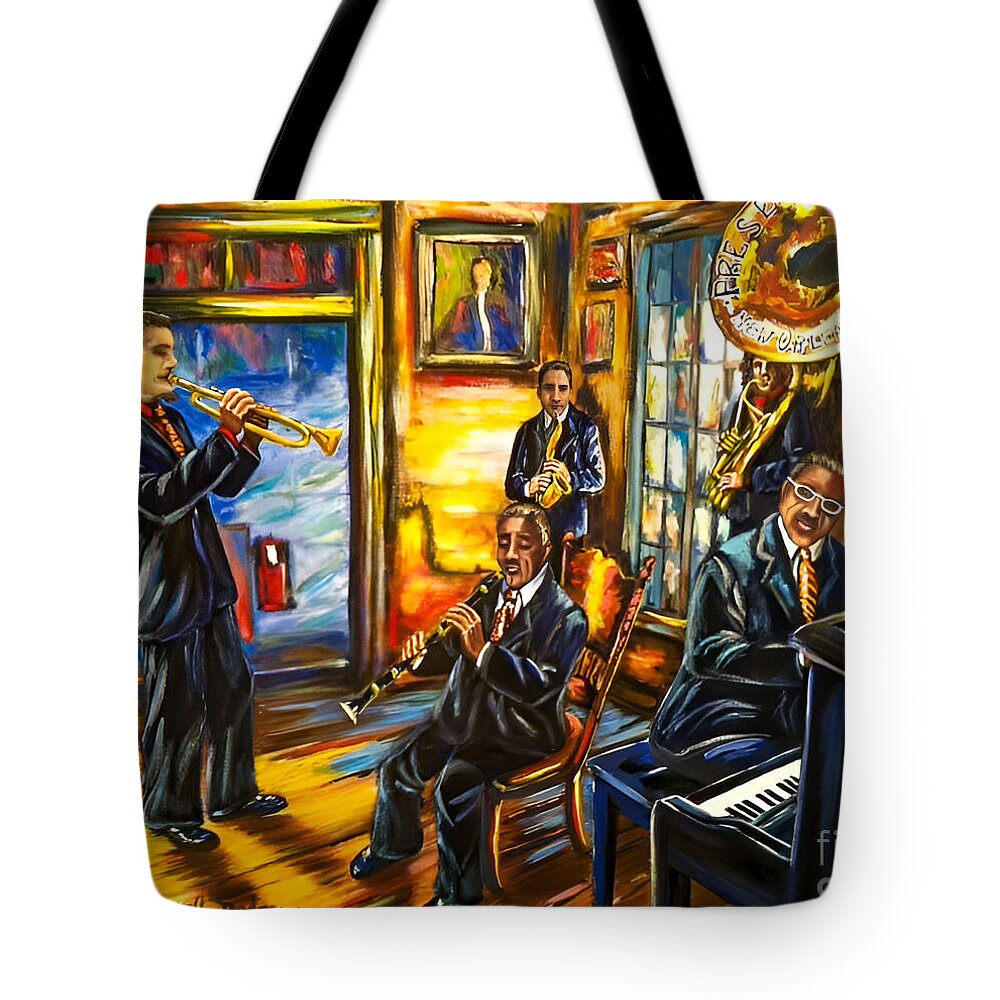 Painting Tote Bag featuring the painting Jazz Band at Preservation Hall by Sherrell Rodgers