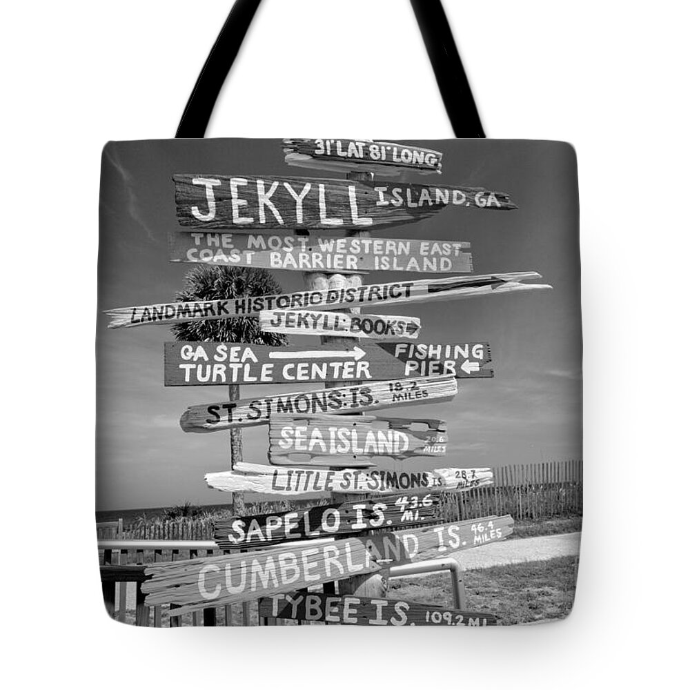 Jekyl Tote Bag featuring the photograph Jekyll Island Beach Signs Black And White by Adam Jewell