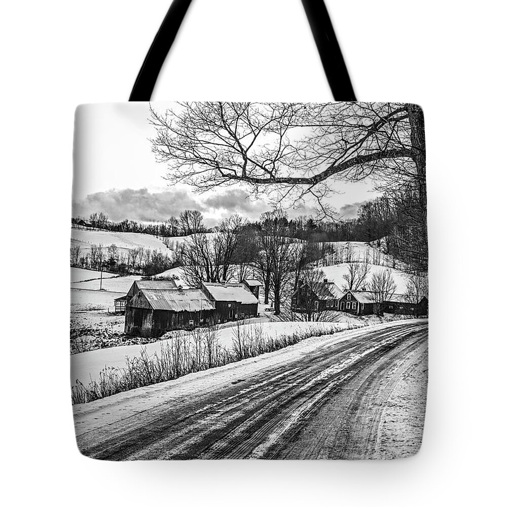 Jenne Tote Bag featuring the photograph Jenne Farm Road in the Winter Snow Pomfret VT Vermont Woodstock Black and White by Toby McGuire