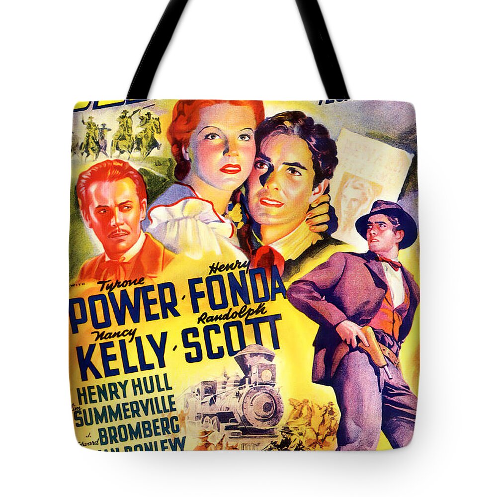 Jesse Tote Bag featuring the mixed media ''Jesse James'', with Tyrone Power and Henry Fonda, 1939 by Movie World Posters