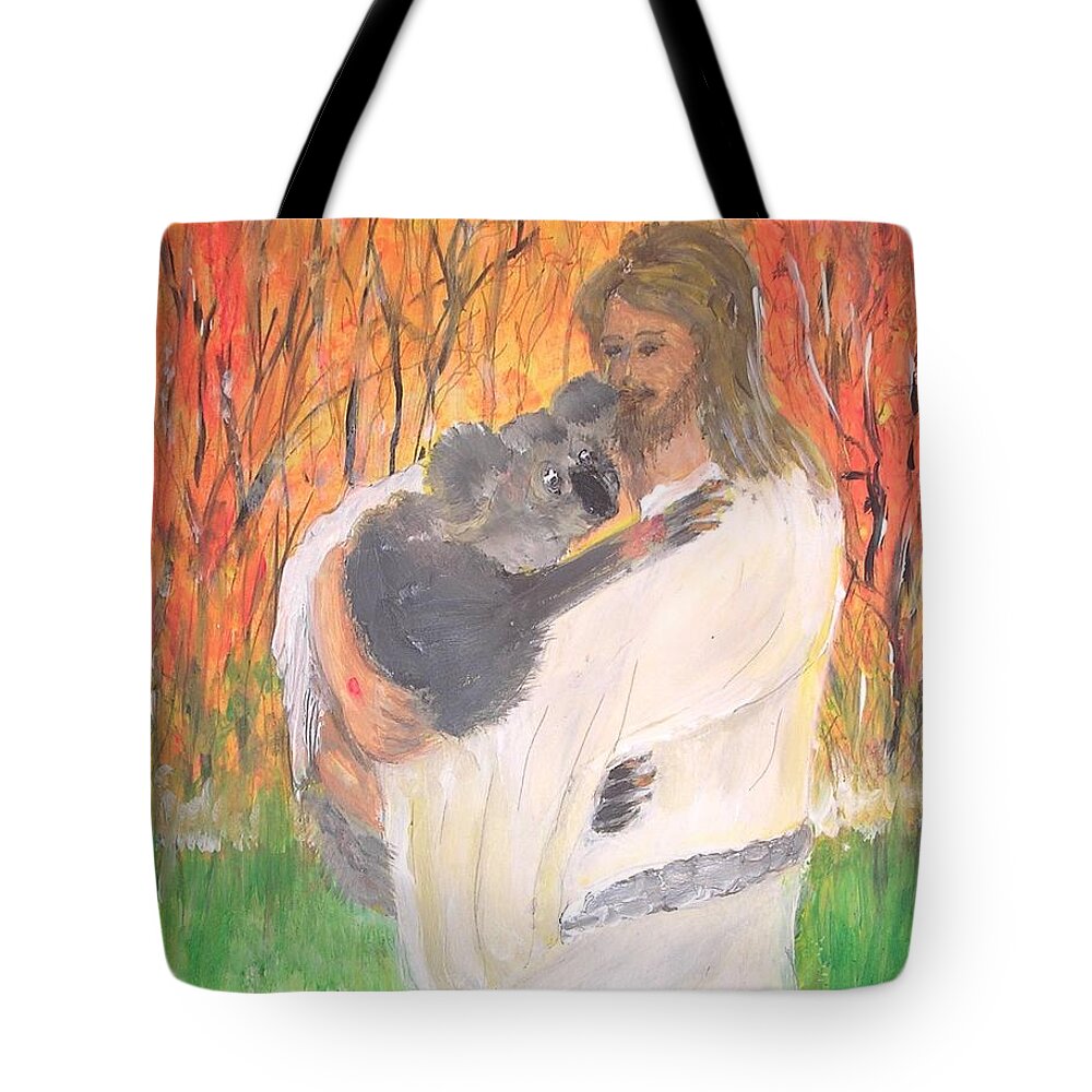 Jesus Christ Tote Bag featuring the painting Jesus Holding a Koala Bear by Karen Jane Jones