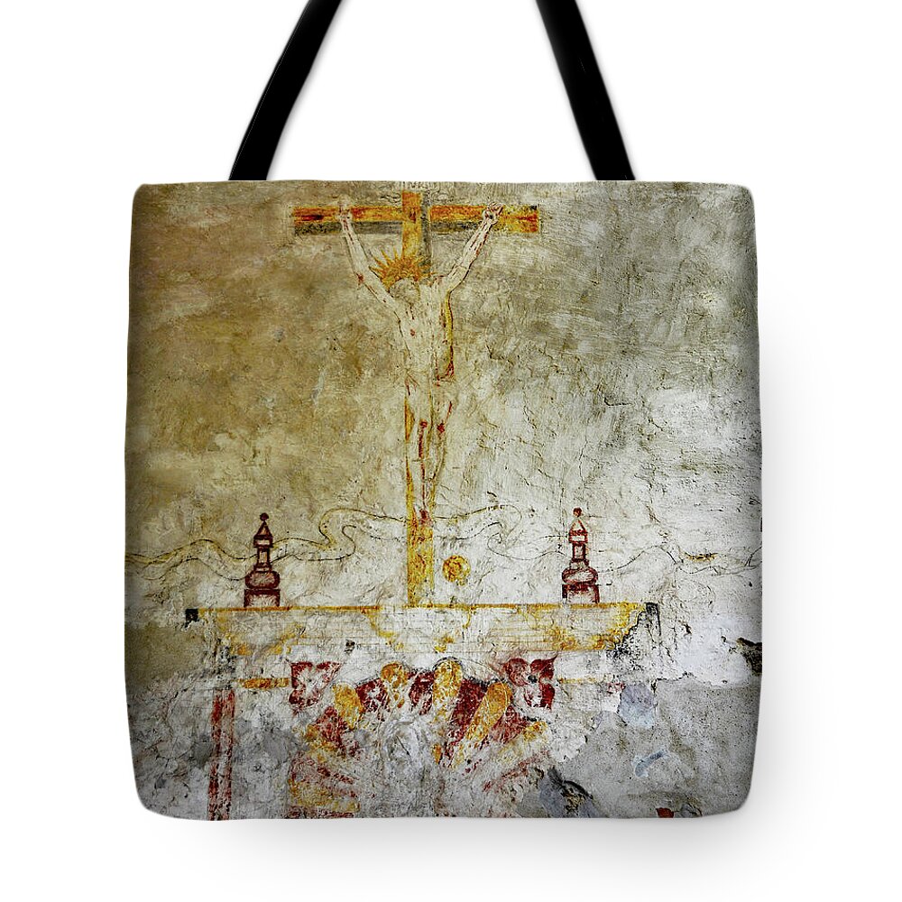 Jesus On The Cross Tote Bag featuring the photograph Jesus on the Cross Fresco by Ben Prepelka