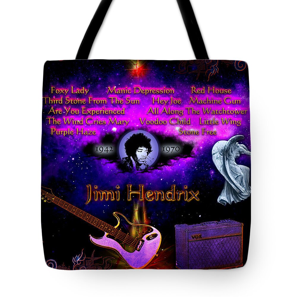 Purple Tote Bag featuring the digital art Jimi Hendrix by Michael Damiani
