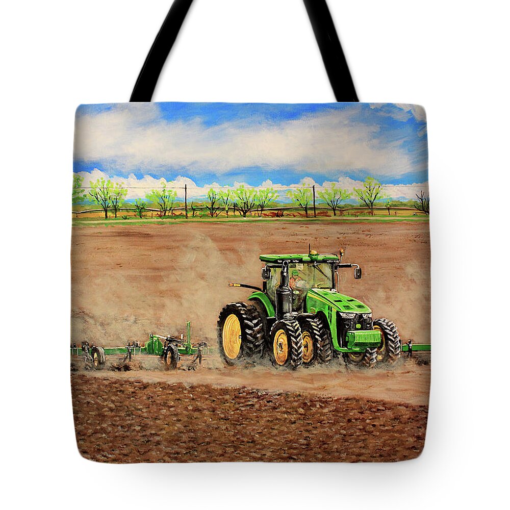 Farming Tote Bag featuring the painting John Deere 8345R Tractor Pulling a Cultivator by Karl Wagner