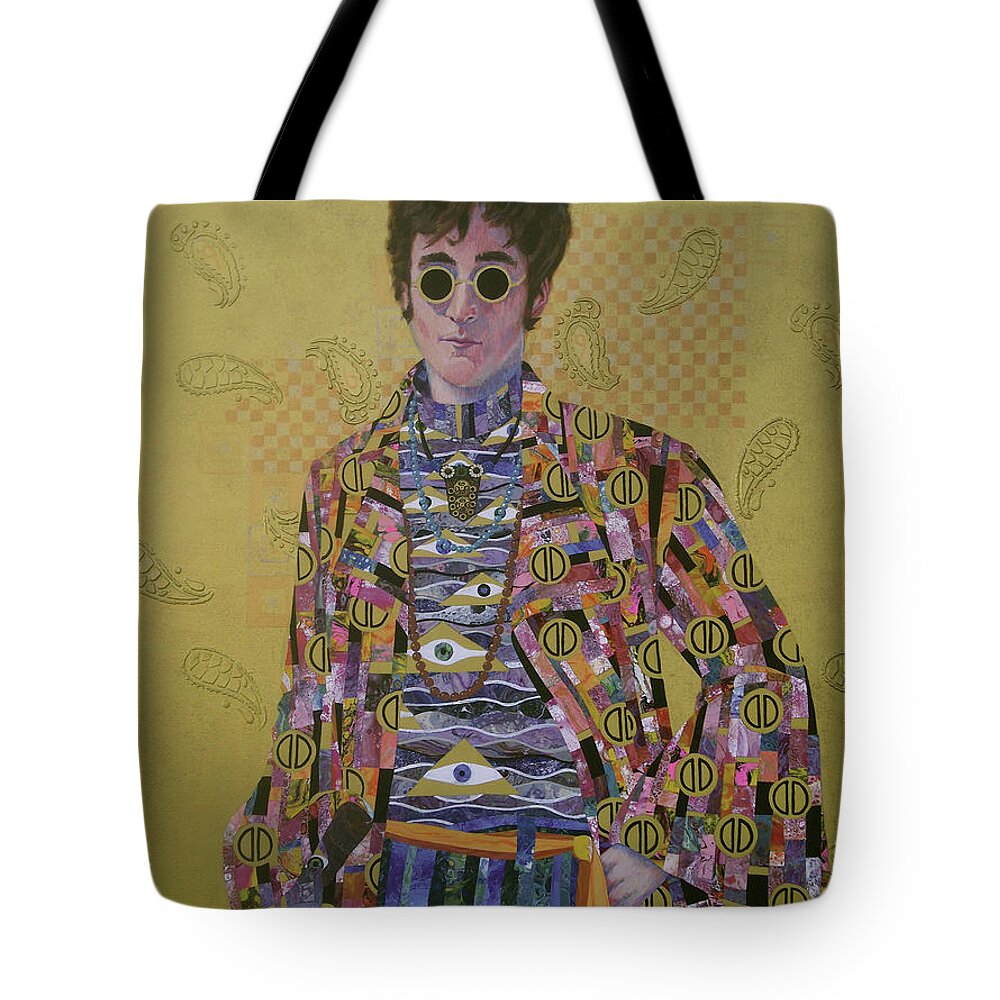 John Lennon Tote Bag featuring the painting John Lennon and the Amazing Technicolor Klimt Coat by Marguerite Chadwick-Juner