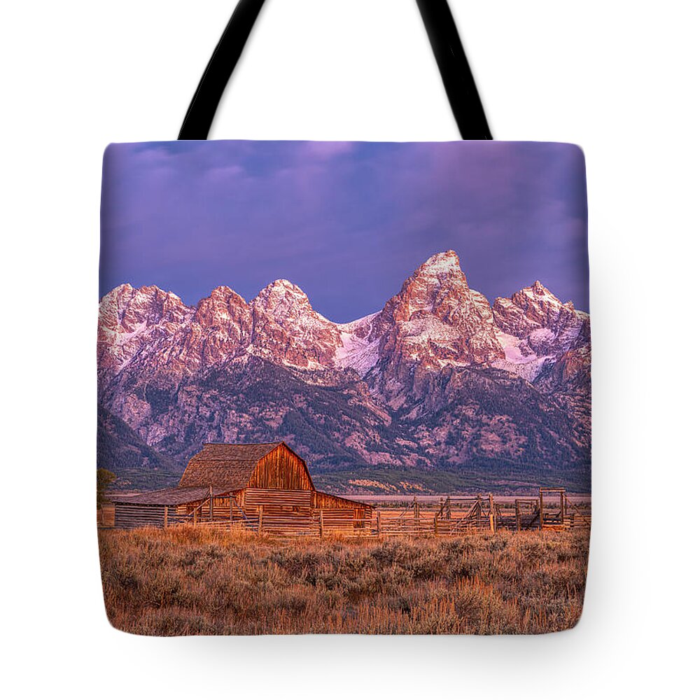 John Tote Bag featuring the photograph John Molton Barn Sunrise - Early October by Kenneth Everett