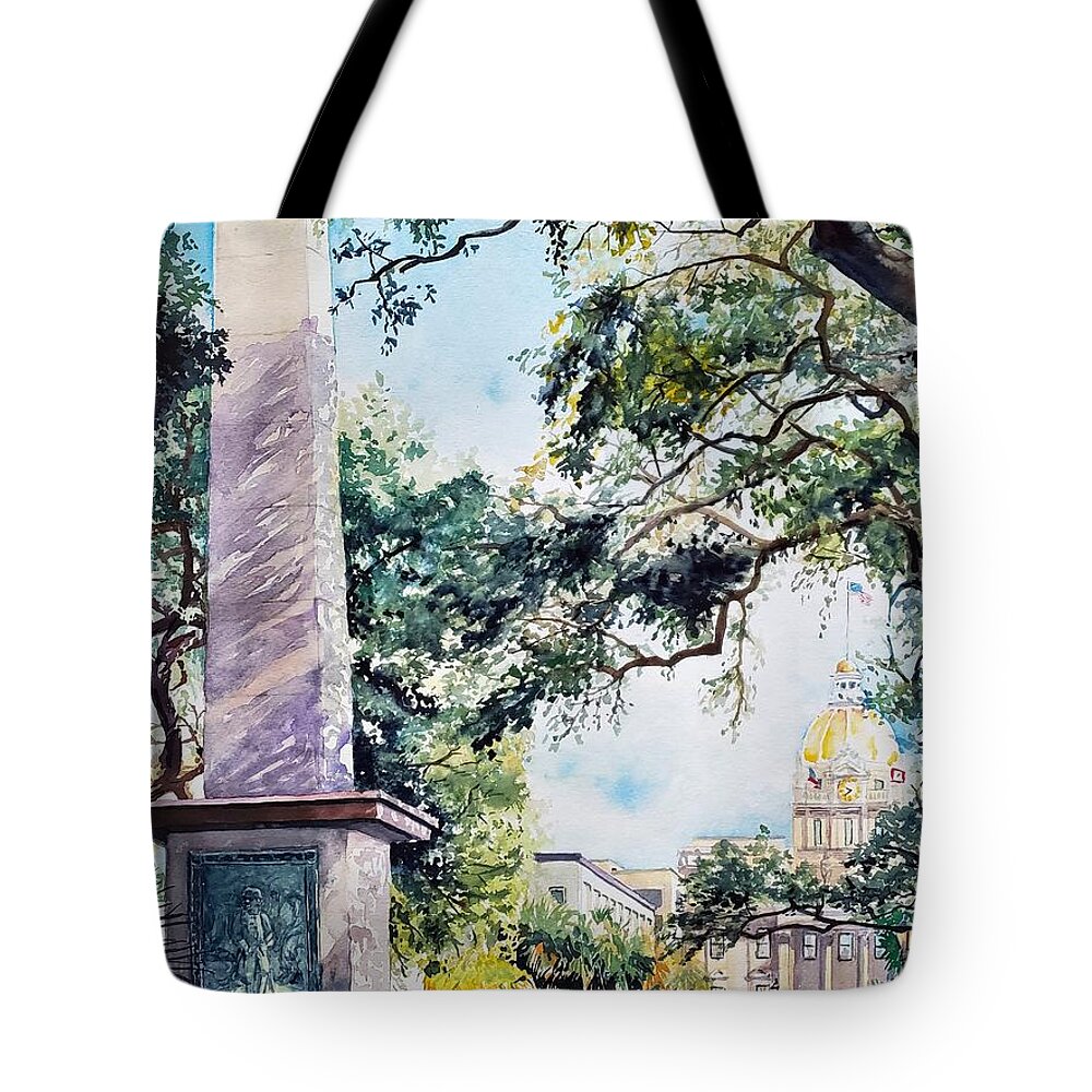 Georgia Tote Bag featuring the painting Johnson Square, Savannah GA by Merana Cadorette