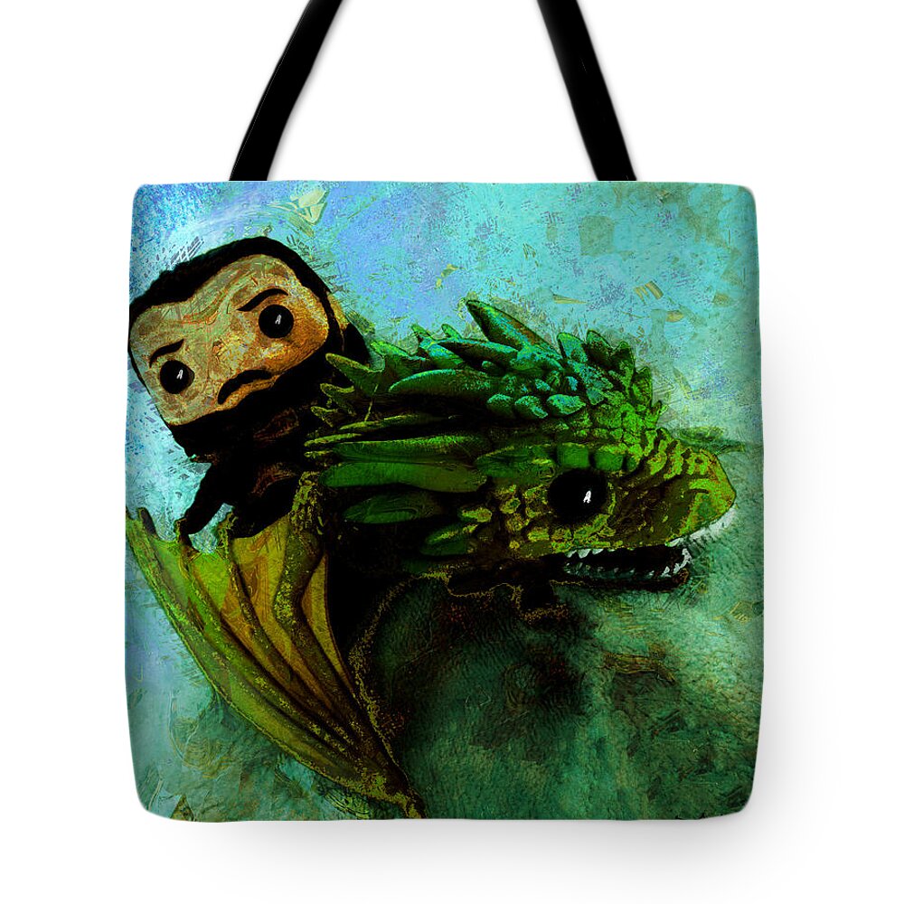Game Of Thrones Tote Bag featuring the painting Jon Snow On The Dragon by Miki De Goodaboom