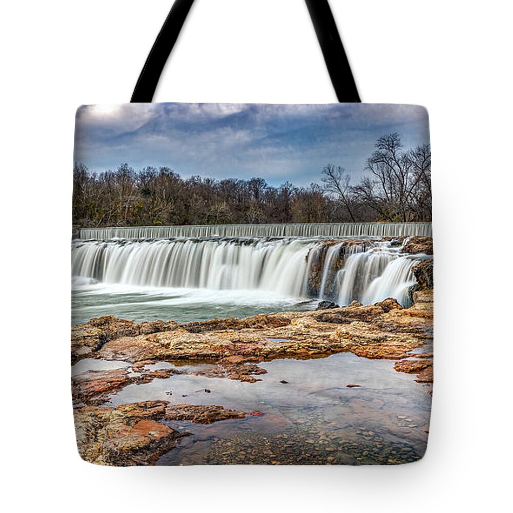 Joplin Missouri Tote Bag featuring the photograph Joplin's Grand Falls Panorama Along Shoal Creek by Gregory Ballos