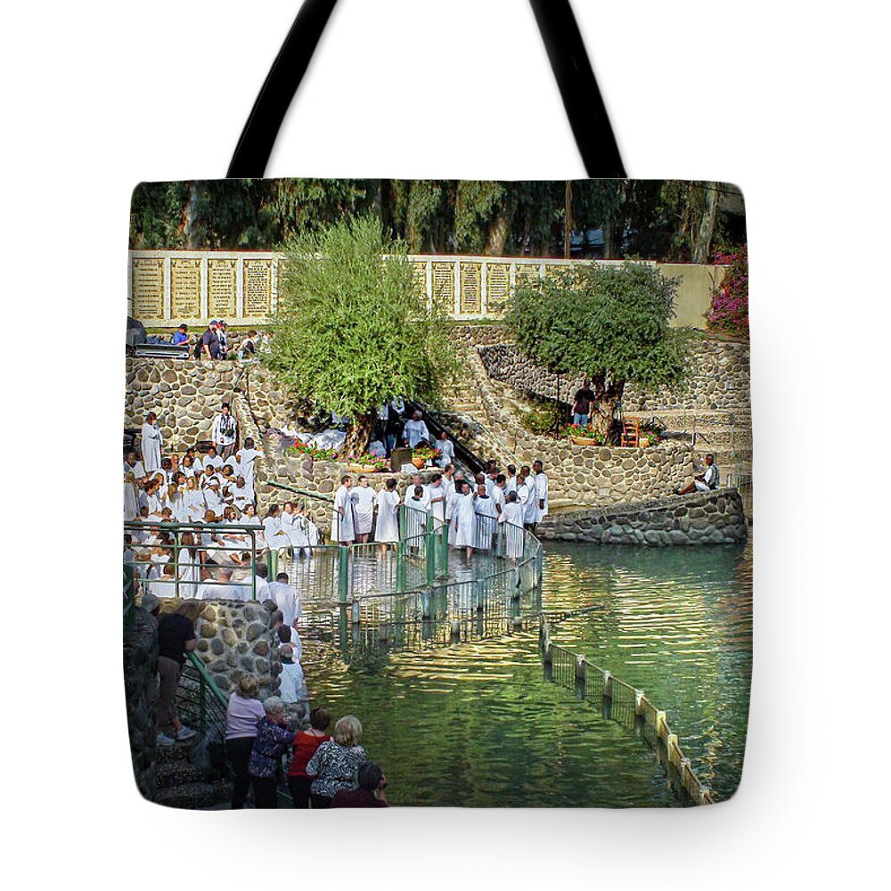 Jordan River Tote Bag featuring the photograph Jordan River Baptism, Israel by Brian Tada