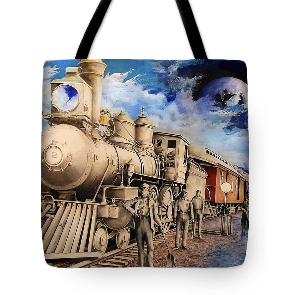 Train Tote Bag featuring the drawing Journey Through the Mists of Time by David Neace