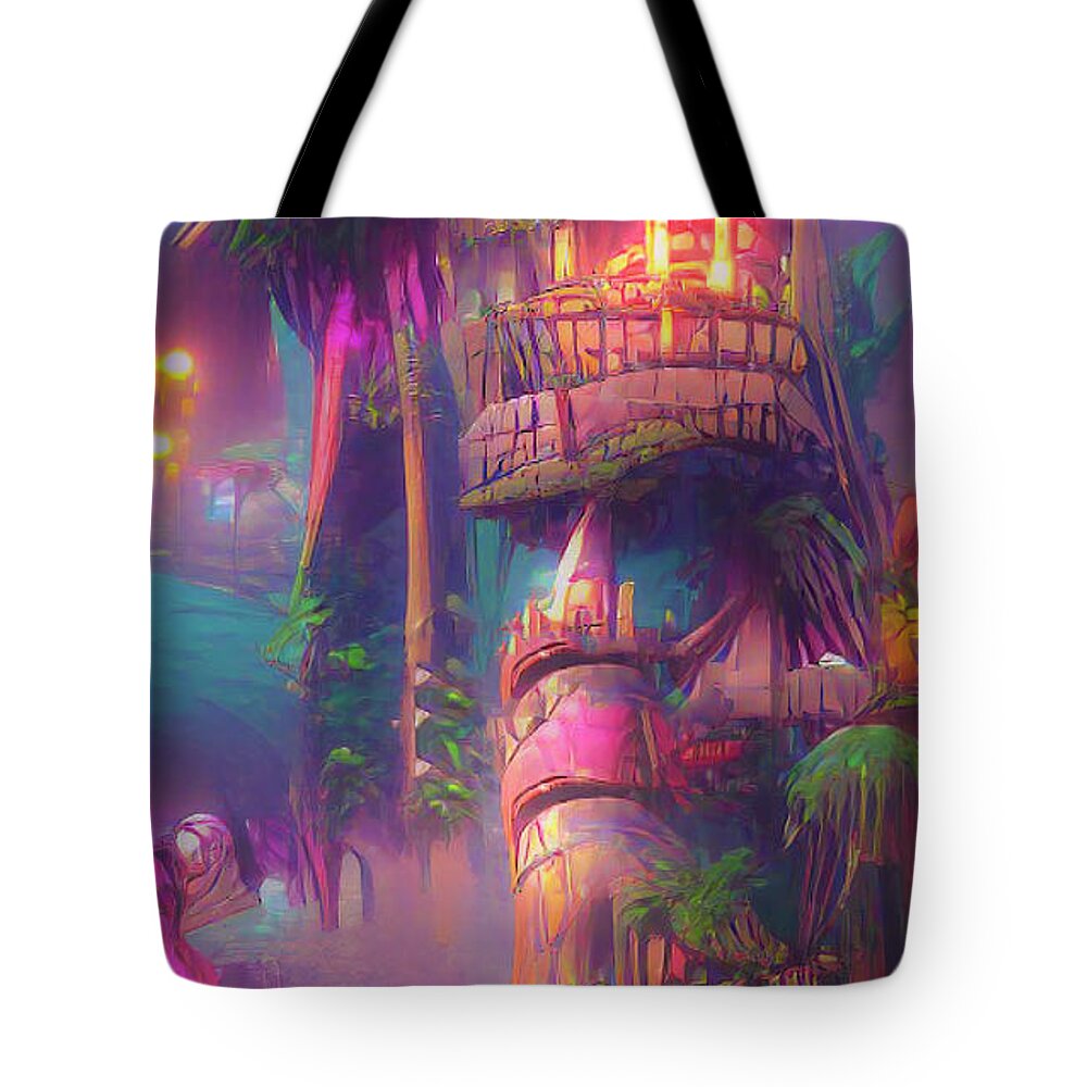 Tiki Tote Bag featuring the digital art Journey to Tiki Island by Mark Andrew Thomas