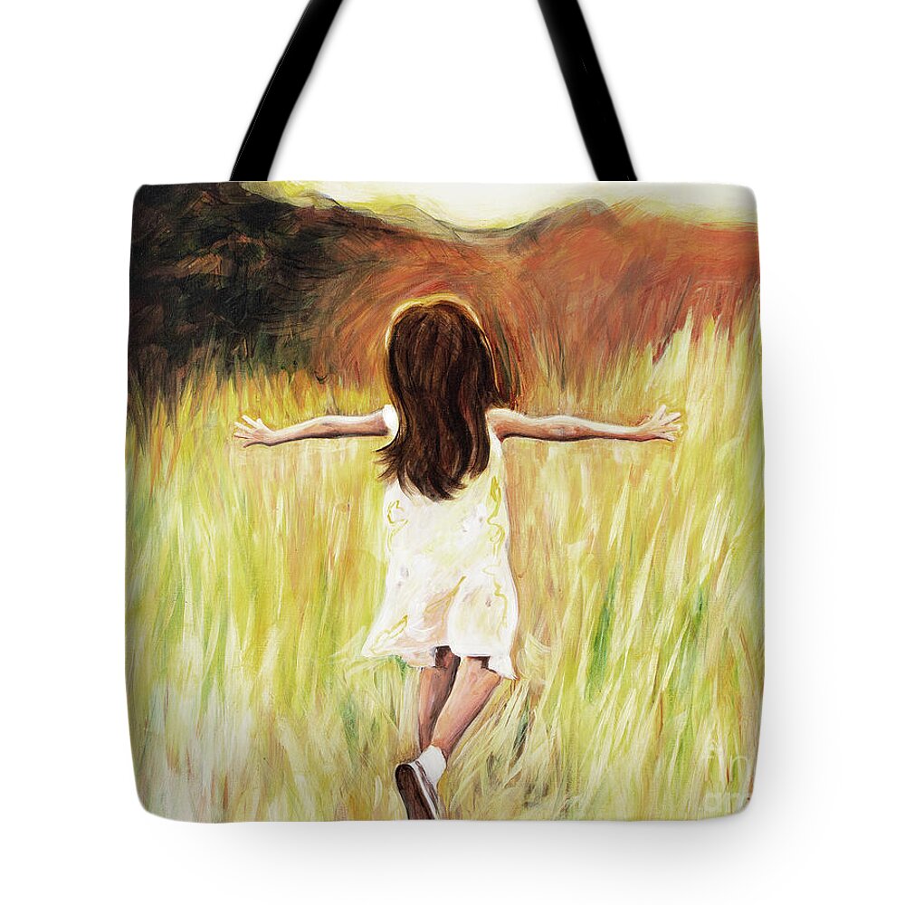 Joy Girl Running Field Sunshine Happy Joyful Peaceful Daughter Free Tote Bag featuring the painting Joy by Pamela Schwartz