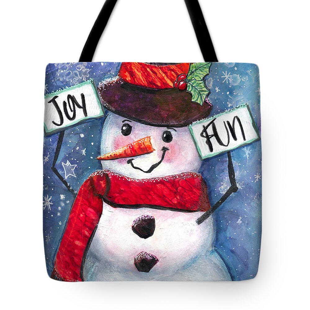 Snowman Tote Bag featuring the mixed media Joyful and Fun Snowman by Francine Dufour Jones