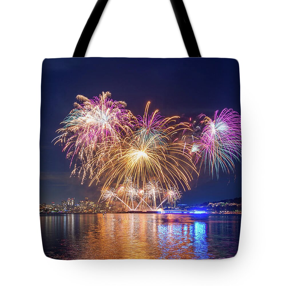Outdoor; Firework; Celebration; July 4th; Independence Day; Seattle; Post Corvid-19; Gas Works Park; Lake Union; Space Needle; Downtown; Downtown Seattle; Washington Beauty Tote Bag featuring the digital art July 4th Celebration at Gas Works Park by Michael Lee