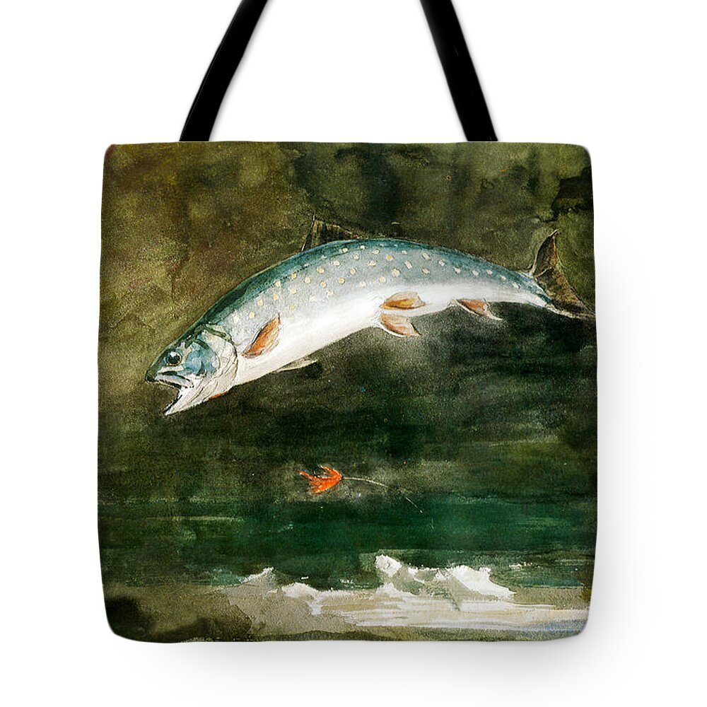 Winslow Homer Tote Bag featuring the digital art Jumping Trout by Winslow Homer