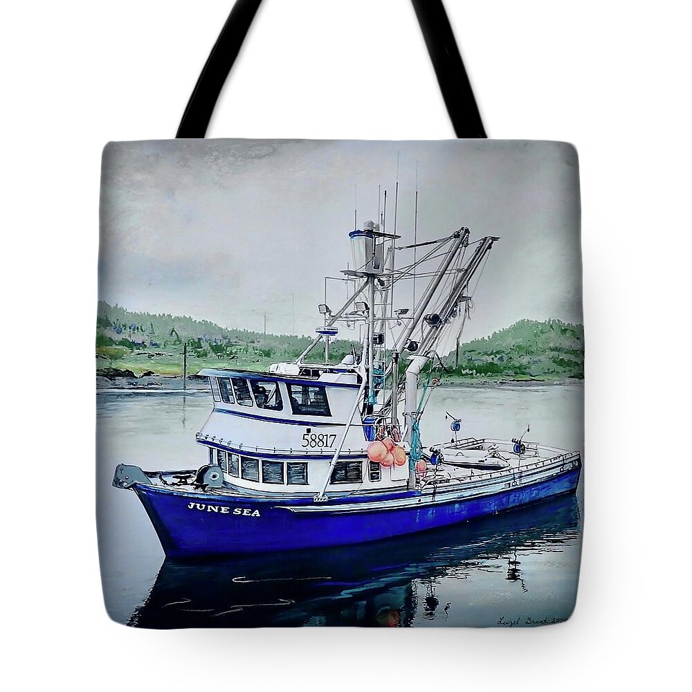 Alaskan Boat Tote Bag featuring the pastel June Sea by Leizel Grant