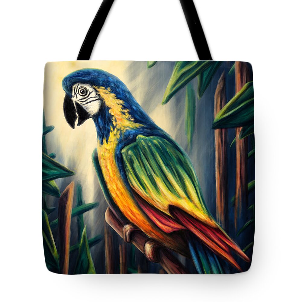 Bird Tote Bag featuring the painting Jungle parrot painting, colorful macaw by Nadia CHEVREL