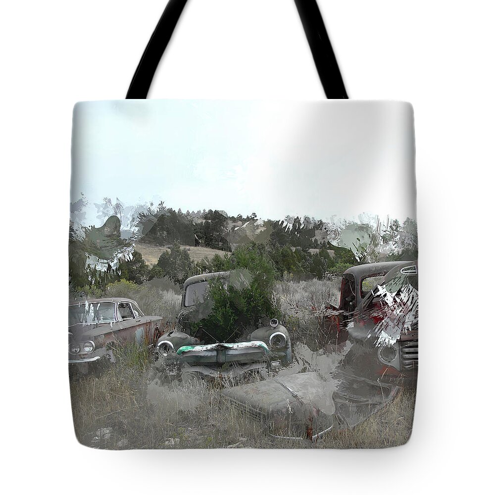 Junkyard Scene Tote Bag featuring the photograph Junked trucks 1214 by Cathy Anderson