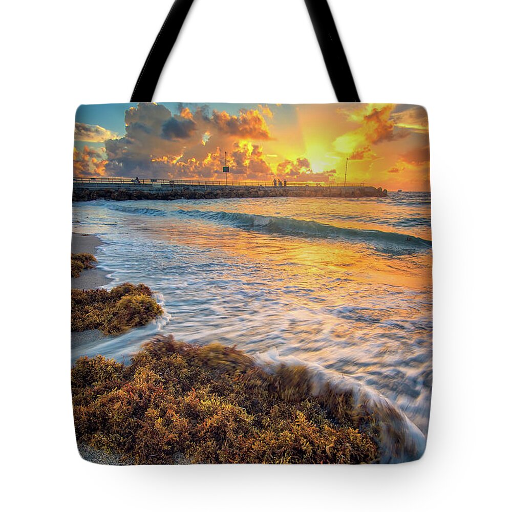 Aurora Hdr Tote Bag featuring the photograph Jupiter Inlet Seaweed Sunrise Over Jetty by Kim Seng