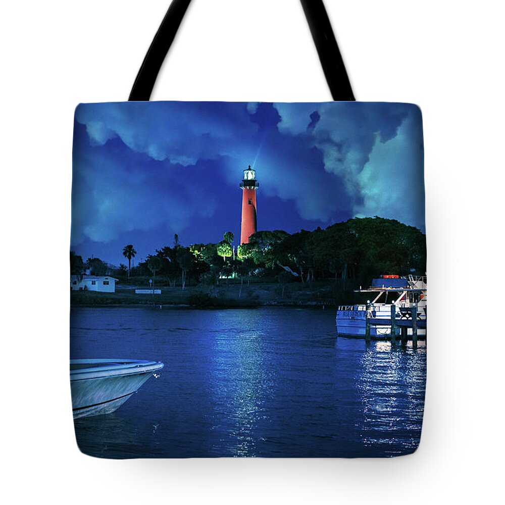 Jupiter Lighthouse Tote Bag featuring the photograph Jupiter Lighthouse Night by Laura Fasulo