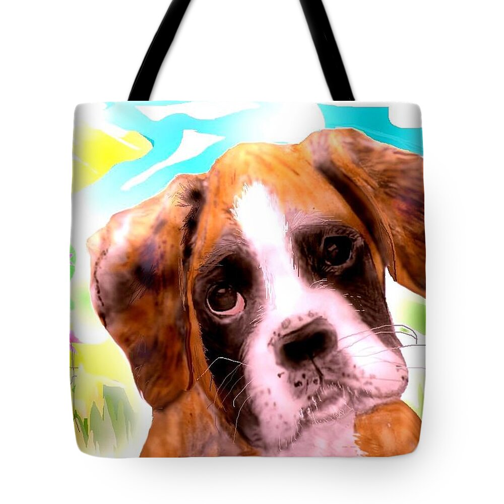 Pencil Sketched Boxer Puppy Resting After A Romp In The Meadow. Tote Bag featuring the mixed media Just another Blossom. by Pamela Calhoun