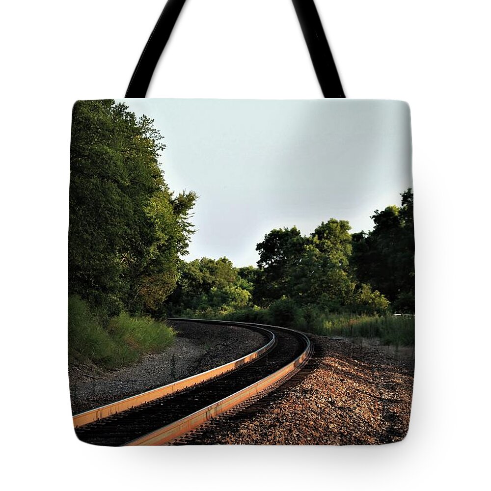 Train Tracks Tote Bag featuring the photograph Just Around the Corner by Sheila Brown