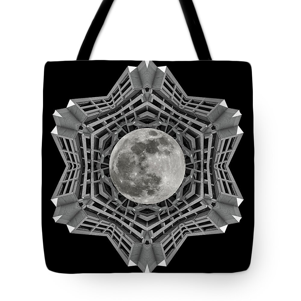 Helen C White Tote Bag featuring the photograph Kaleidoscope view of Helen C White Hall with full moon at UW Madison campus by Peter Herman