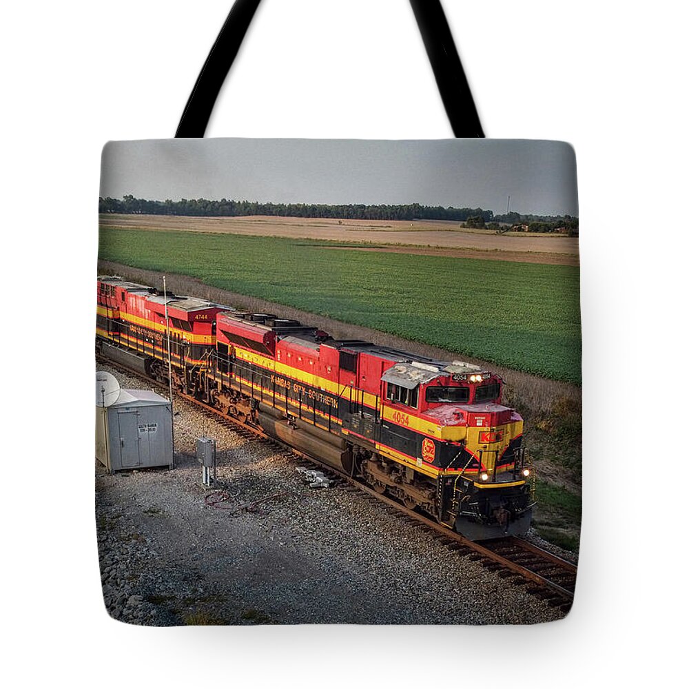 Railroad Tote Bag featuring the photograph Kansas City Southern 4054 and 4744 lead loaded ethanol train by Jim Pearson