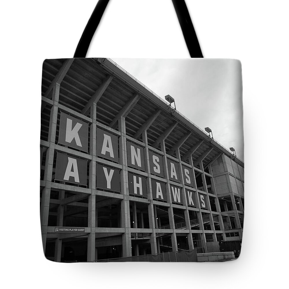 Kansas Jayhawks Stadium Tote Bag featuring the photograph Kansas Jayhawks football in black and white by Eldon McGraw