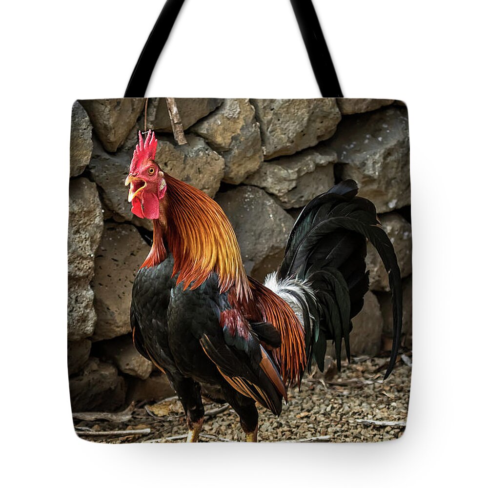 Rooster Tote Bag featuring the photograph Kauai Rooster Crowing by Belinda Greb