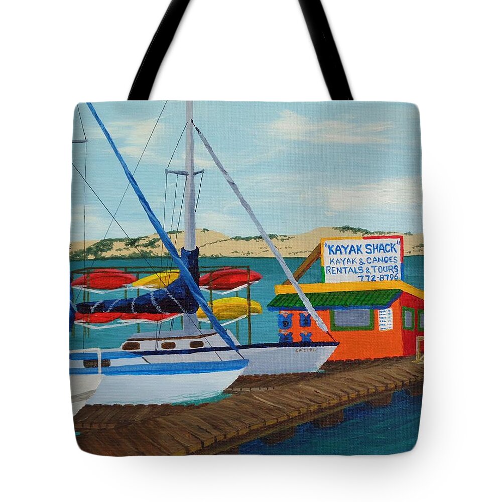 Kayak Tote Bag featuring the painting Kayak Shack Morro Bay California by Katherine Young-Beck