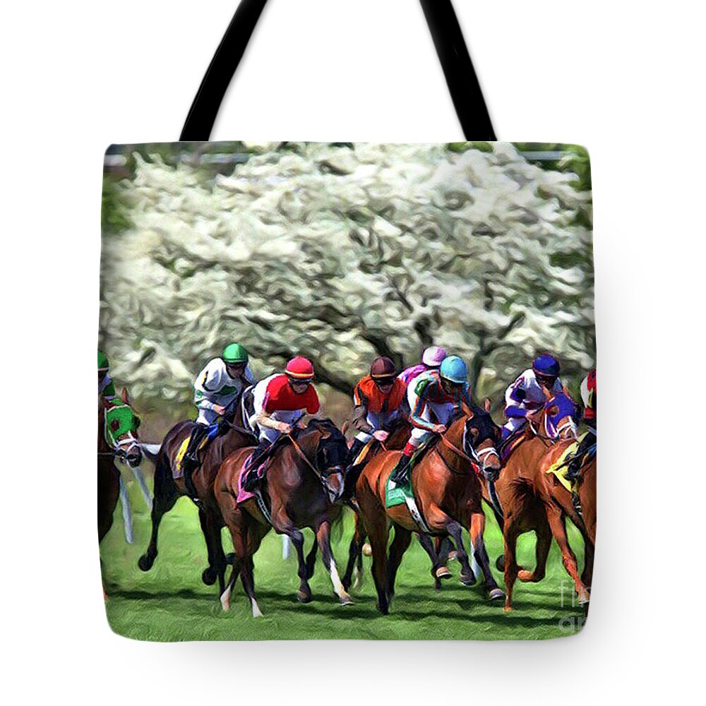 Keeneland Tote Bag featuring the digital art Keeneland Down The Stretch by CAC Graphics