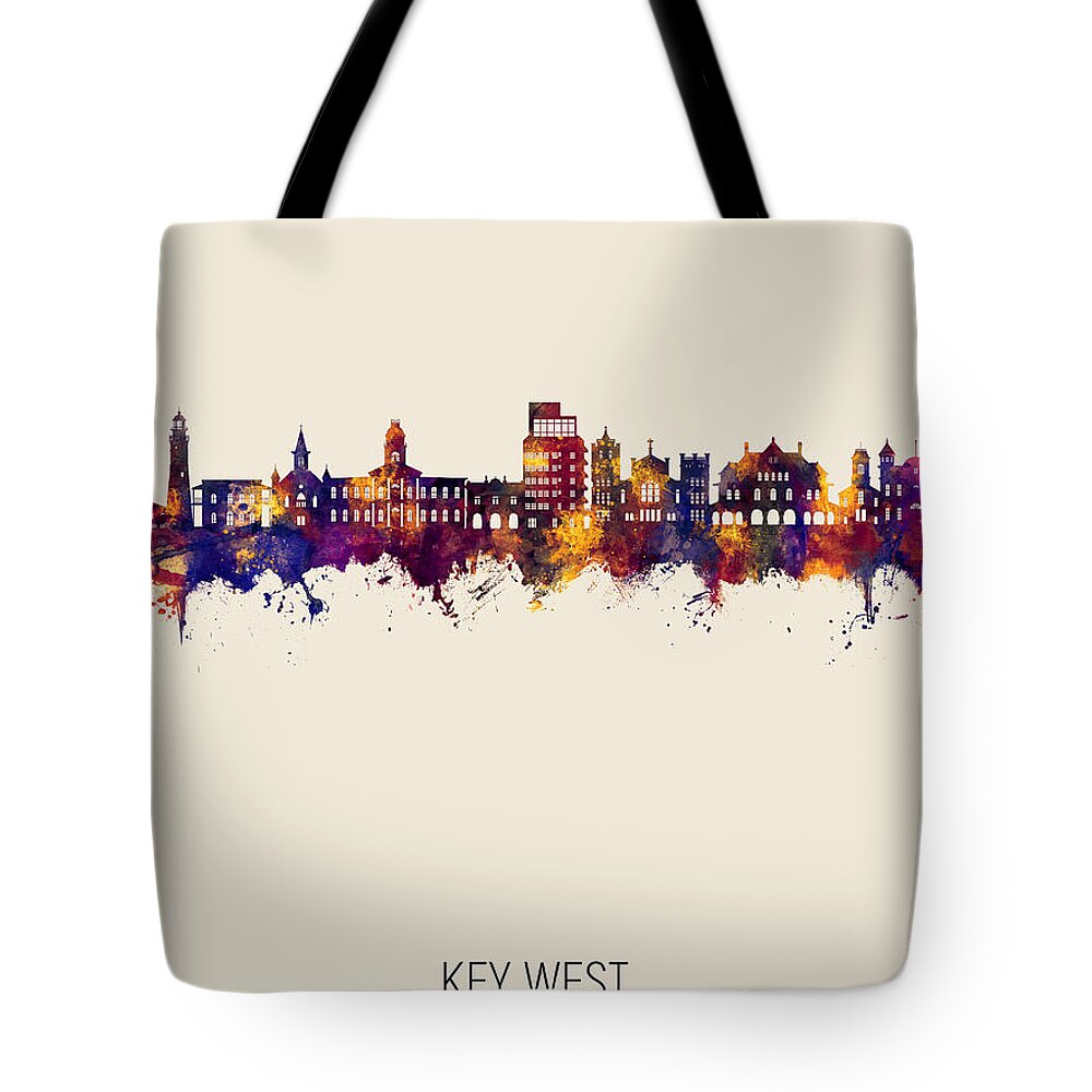 Key West Tote Bag featuring the digital art Key West Florida Skyline #12 by Michael Tompsett