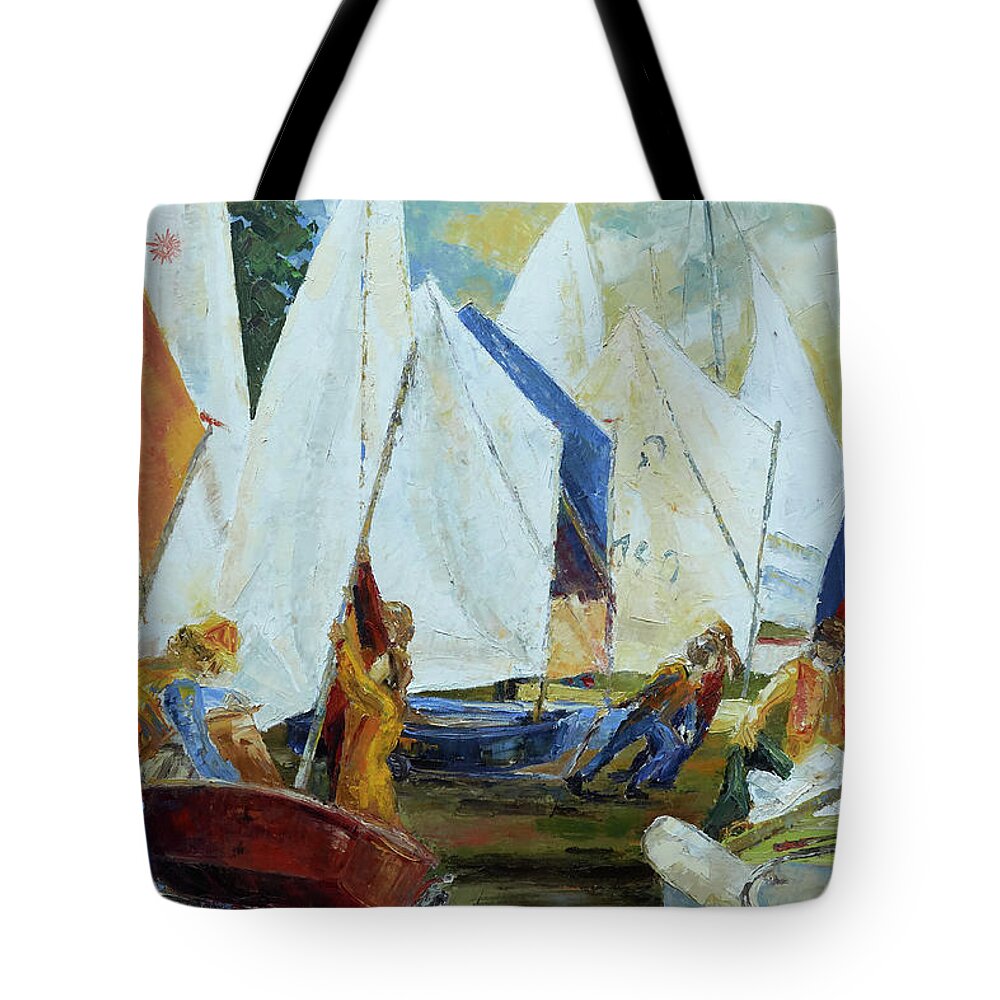 Optimist Tote Bag featuring the painting Kids Rigging Their Boats For Sail Training by Barbara Pommerenke