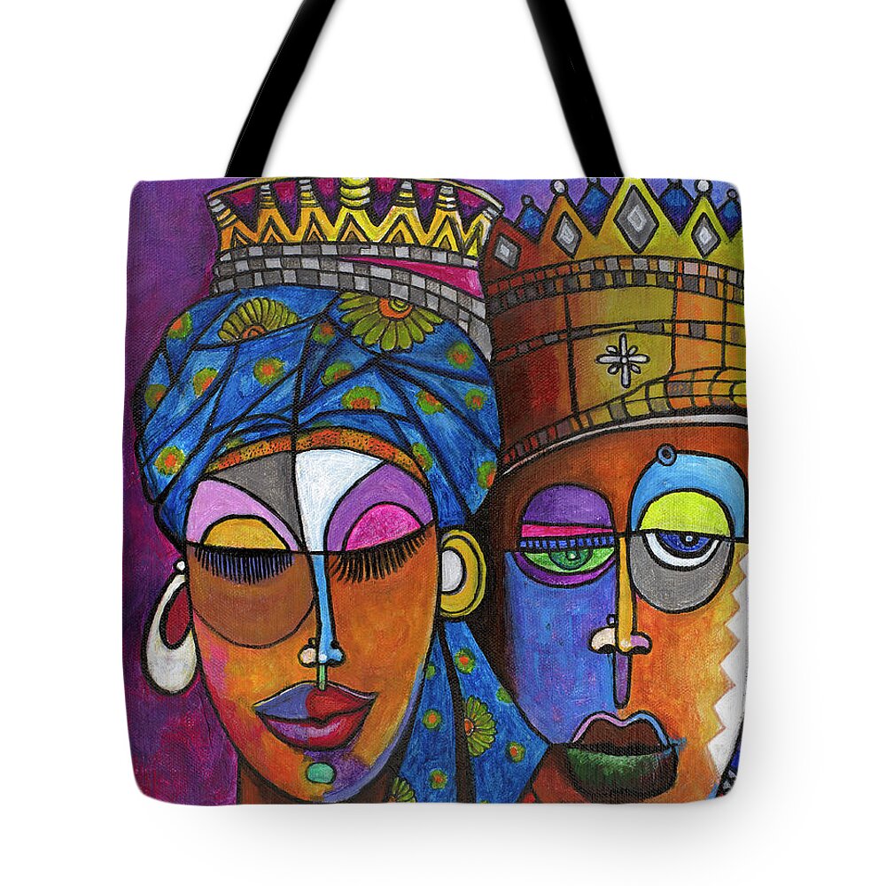 Black Art Tote Bag featuring the painting King and Queen by Darlington Ike