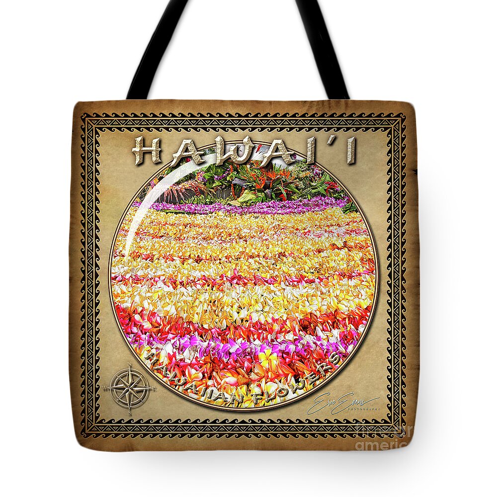 Plumeria Tote Bag featuring the photograph King Kamehameha Day Plumerias Sphere Image with Hawaiian Style Border by Aloha Art