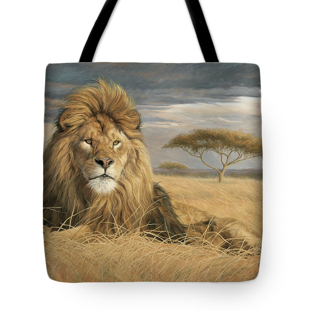 Lion Tote Bag featuring the painting King Of The Pride by Lucie Bilodeau