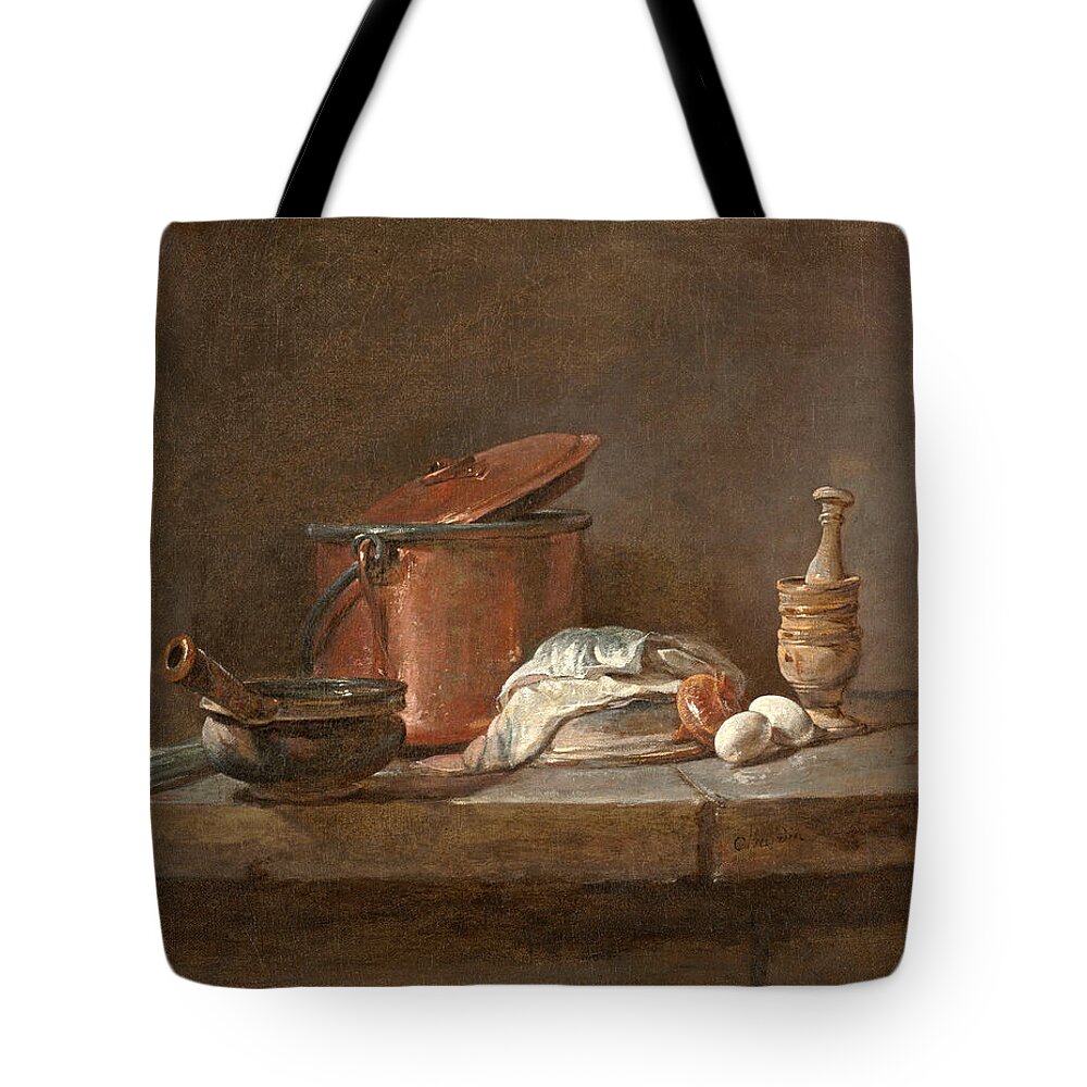 Jean-simeon Chardin Tote Bag featuring the painting Kitchen Utensils with Leeks, Fish, and Eggs by Jean-Simeon Chardin