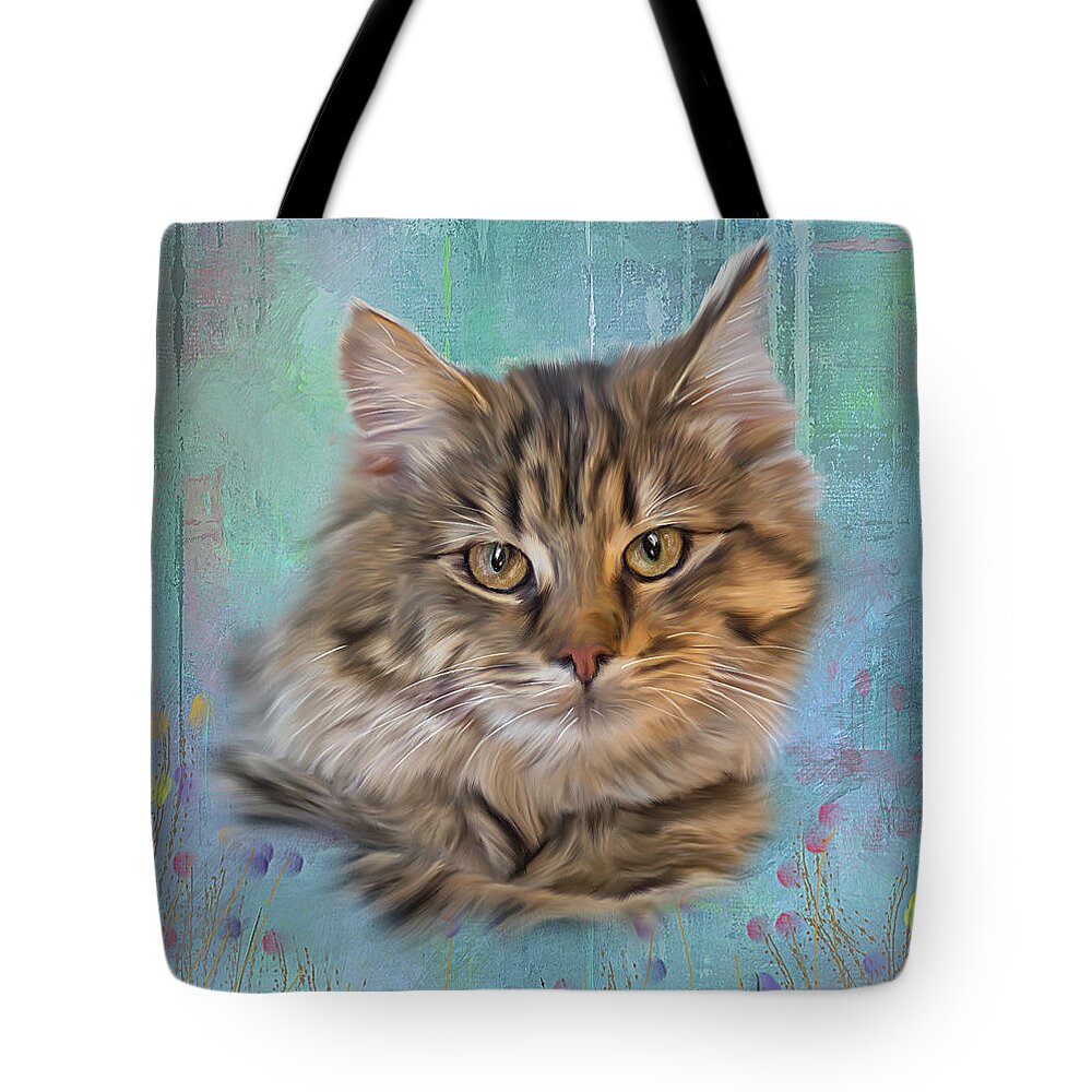 Tiger Kitty Tote Bag featuring the digital art Kitty in Flower Field by Mary Timman